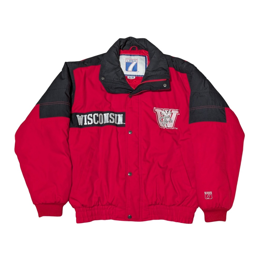Logo 7 Puffer Jacket Mens Medium Red Wisconsin Badgers Vintage 90s Embroidered